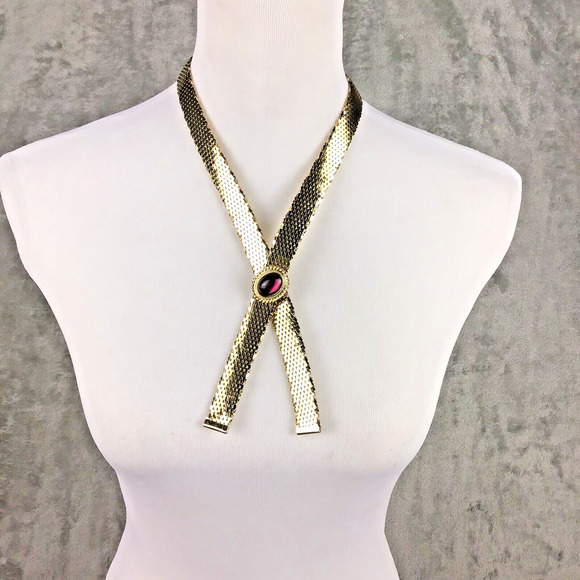 Vintage Goldtone Mesh Collar Necklace Pink Stone Center Snap Fashion Jewelry 28" - Picture 12 of 16